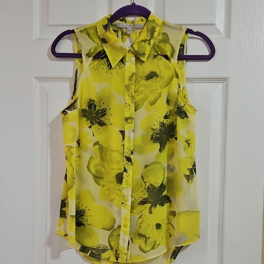 Guess Yellow Floral Sleeveless Blouse